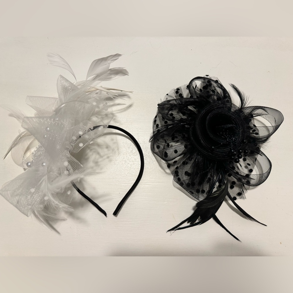 Set of 2 Fascinator hats one black one white rose designs with pearls and mesh